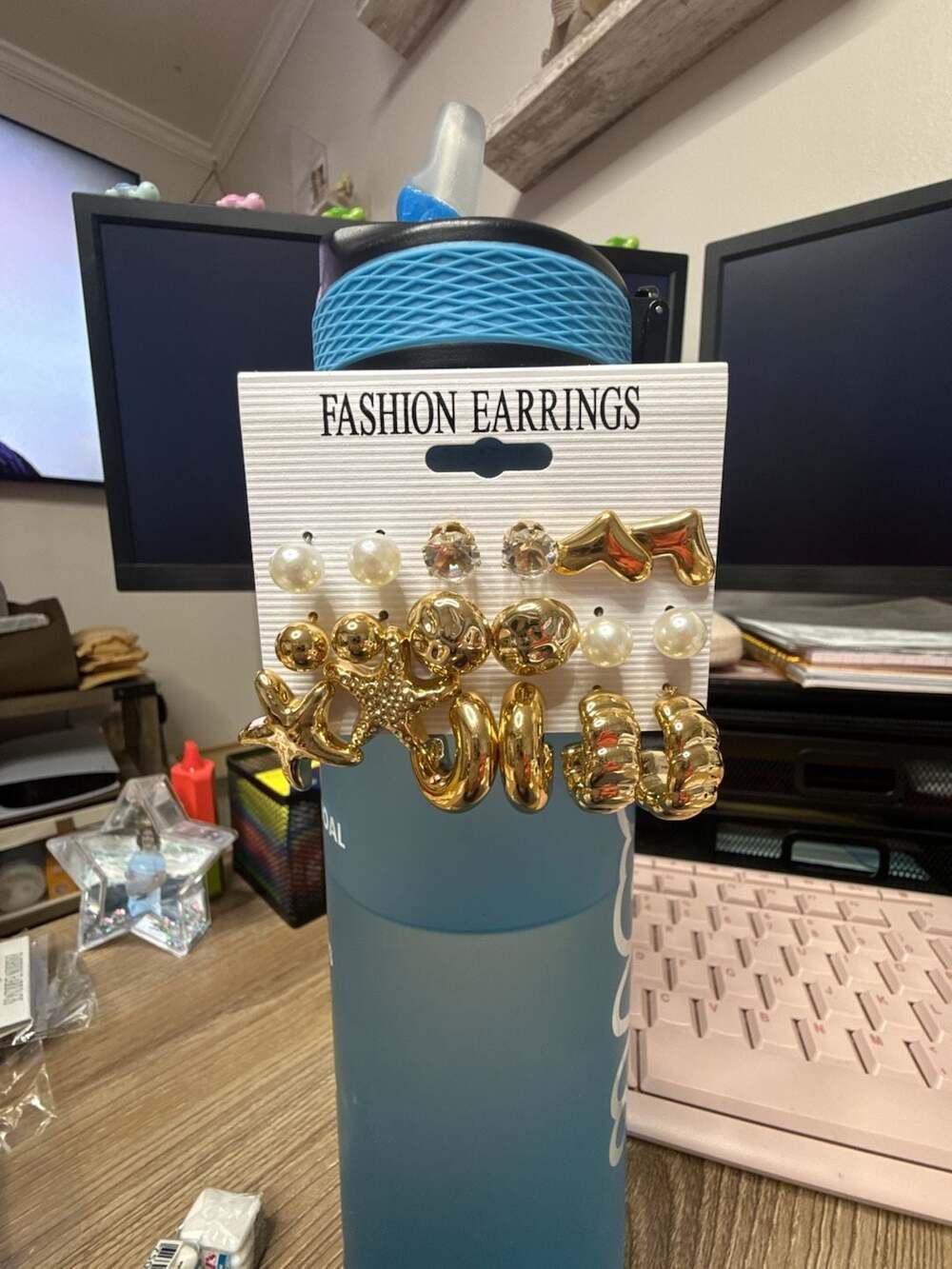 Earrings 9 pairs Gold Tone Stud and Hoop Set with Starfish and Faux